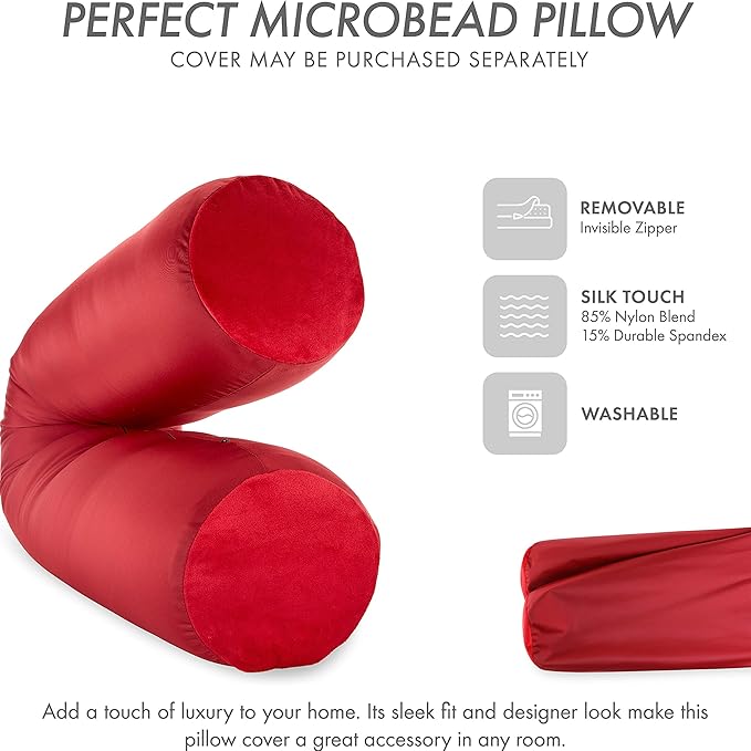 PILLOWY Straight Body Pillow, Full Size Premium Microbead,Side Sleeping/Maternity Pregnant Women, Supportive,Fluffy, Breathable, Cooling, 85/15 Spandex/Nylon Silky Feel Anti-Aging - 48 X 8 - Maroon