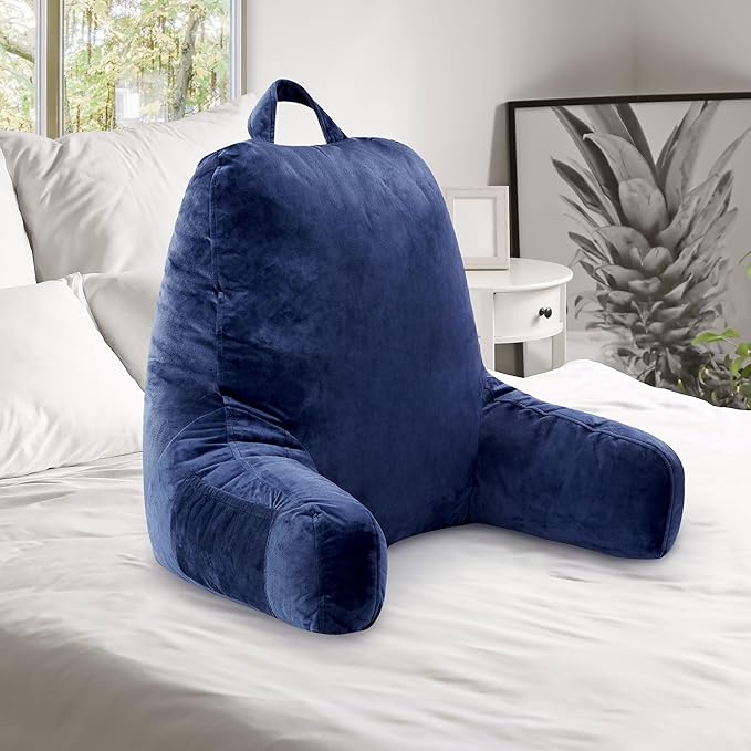 Cheer Collection Reading Pillow with Arms – Portable Bed Pillow for Sitting Up & Support, Foam-Filled Back Rest Pillow for Sitting in Bed & Couch, Machine Washable Navy Blue (Large)