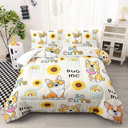 Kawaii Cartoon Corgi Dog Animal Themed Comforter 3Pcs Queen Yellow Sunflower Rainbow Bedding Set for Kid Teen Girl Boy Adult So Cute Pet Dog Quilt Bed Decor with 1 Comforter and 2 Pillowcases