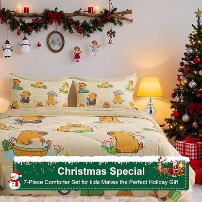 7 Piece Capybara Comforter Set Full Size Cute Cartoon Capybara Bedding Set Super Soft All Season Bedroom Decor for Kids Girls Boys Teens Birthday Choice