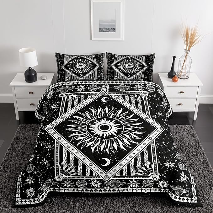 Castle Fairy Mandala Bohemian Comforter Set Sun Moon Star Planet Bedding Set for Kids Girls Women Adults Black White Comforter Bohemian Quilted Duvet Set Bedroom Collection Twin Pink 2Pcs