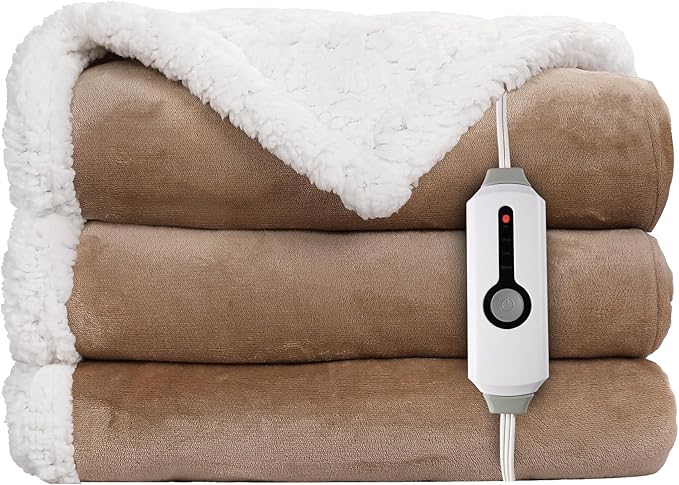 Electric Heated Blanket Throw Size - 50"x60", Soft Flannel Heating Blanket, 4 Heating Levels, 3 H Auto Shut Off, Breathable Warm and Washable for Sofa, Light Brown
