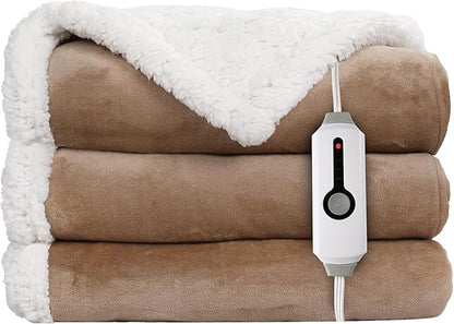 Electric Heated Blanket Throw Size - 50"x60", Soft Flannel Heating Blanket, 4 Heating Levels, 3 H Auto Shut Off, Breathable Warm and Washable for Sofa, Light Brown