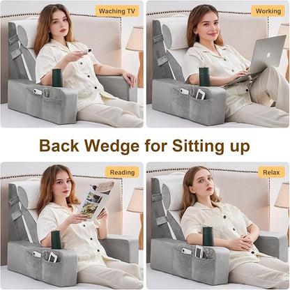 Reading Pillow for Sitting in Bed Adult, Back Pillow for Bed Sitting up with Arms, Pockets and Cup holder, Sit Up Backrest Pillows for Beds Chair Support, Beds Rest Pillow for Gaming, Watching TV