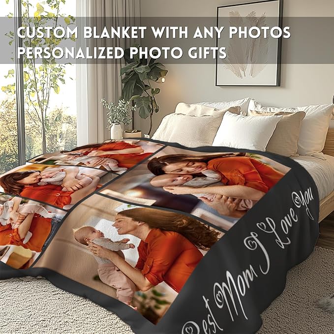 Yoke Style Ships Next Day, Mothers Day Blanket Gifts Custom Blanket with Photos Text, Picture Blankets Customized, Personalized Blankets and Throws Birthday Gifts for Mom Dad Girlfriend Women