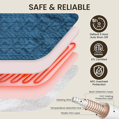 Heated Blanket Electric Blanket 50"x60", Soft Taffeta Sherpa Electric Throw with 5 Heating Level & 1-12 Hour Auto Off, Heated Throw with Overheating Protection, Machine Washable (Navy Blue)