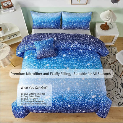 RYNGHIPY 6Pcs Gradient Aqua Blue Navy Ombre Comforter Sets with Sheets Pillowcases, Full Size Sparkle Glitter Design Comforter Bedding Collections for Kids Boys and Girls