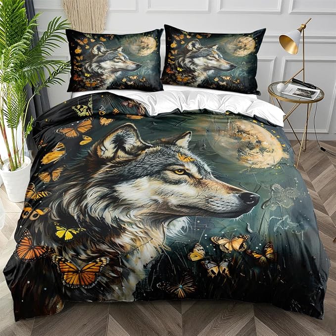 Duvet Cover Twin Wolf Butterflies Pattern Bedding Set for Boys Teens Room Decor 3 Pcs Natural Theme Bed Cover Cooling Comforter Cover Moon Quilts Cover,Twin