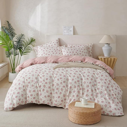 Jane yre Queen Size Duvet Cover Floral Soft Brushed Microfiber Crinkle Gauze Fabric 3 Pieces Floral Bedding Set for All-Season Garden Duvet Cover with Zipper Closure, Luxury Breathable Comfy