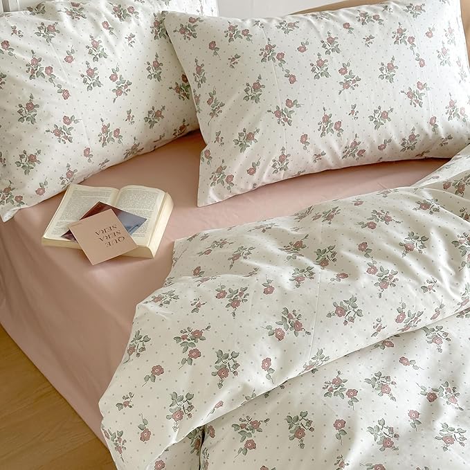 AOJIM Aesthetic Floral Pattern Duvet Cover Set for Kids and Adults, 100% Cotton Skin-Friendly Comforter Cover Set 3pcs, 1 Super Soft Quilt Cover King Size and 2 Matching Pillowcases for Room Decor