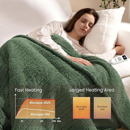 Heated Blanket Electric Blanket King - Fast Heating Blanket Throw Dual Control Double Sided Sherpa with 10 Heating Levels & 2-10 Hours Auto Off, Mashine Washable, 90 x 100 Inches, Green
