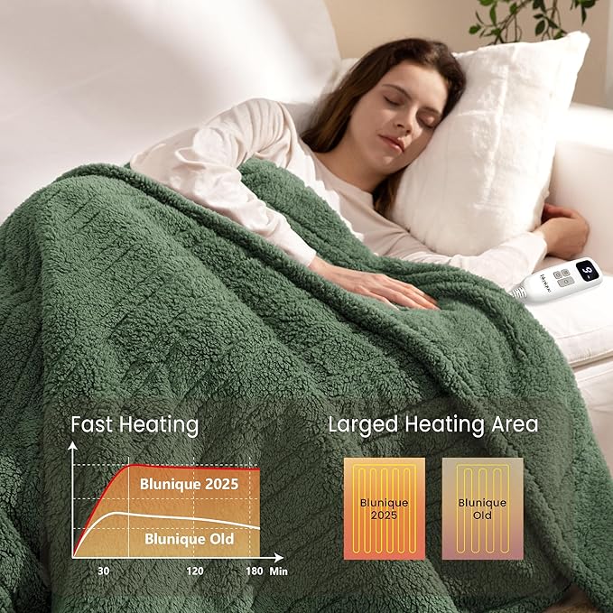 Heated Blanket Electric Blanket Queen - Fast Heating Blanket Throw Dual Control Double Sided Sherpa with 10 Heating Levels & 2-10 Hours Auto Off, Mashine Washable, 84 x 90 Inches, Green