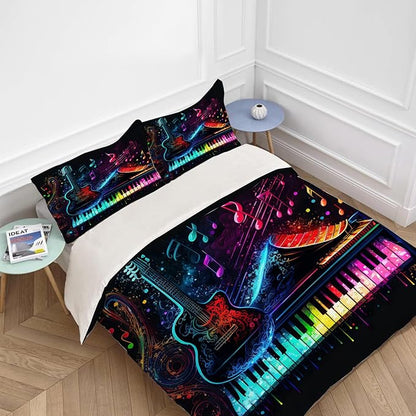 Music Guitar Piano Theme 3 Pieces Duvet Cover Comforter Set with 2 Pillowcase Full Size Musical Instrument Bed Sheet Quilt Bedroom Bedding for Lover Kids