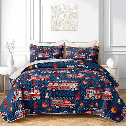 QOOMO Fire Truck Quilt Set King Size,Fire Truck Bedspread Coverlet Set,Truck 3Pcs Bedding Set Printed Quilt with 2 Pillowcases,Soft and Lightweight,for All Seasons