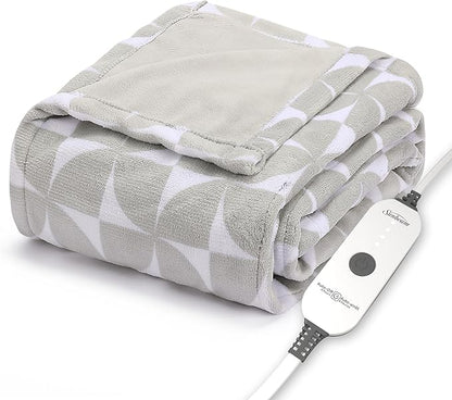 Sunbeam Royal Luxe Microplush Heated Throw Electric Blanket, 50" x 60", 4-Hour Auto Shut-Off,Fast Heating, Machine Washable, Warm and Cozy, Grey Geometric