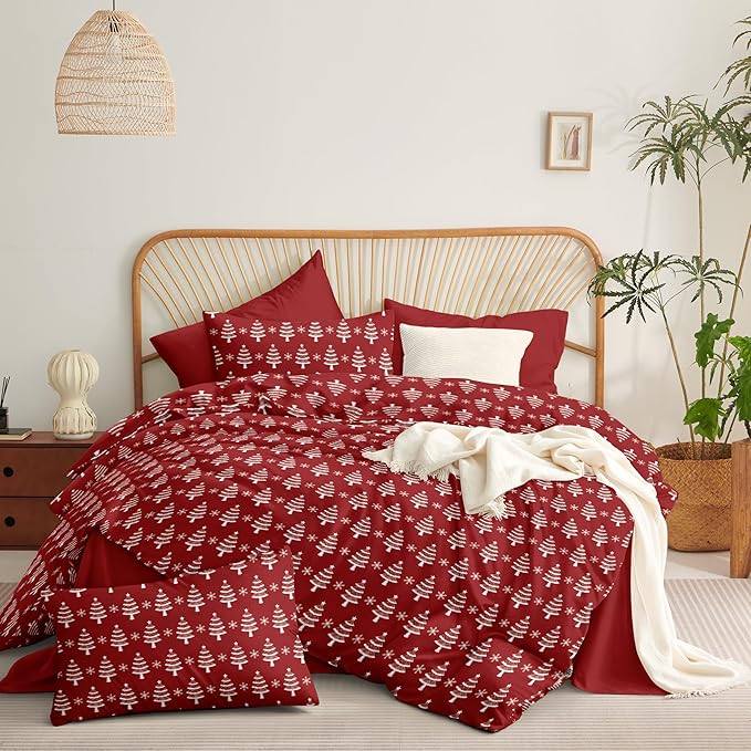 Red Christmas Duvet Cover King Xmas Bedding Set Pine Tree Snowflakes Pattern, Christmas Theme Bedding for Guest Room Bedroom Decor Soft Microfiber Comforter Cover with 2 Pillowcases