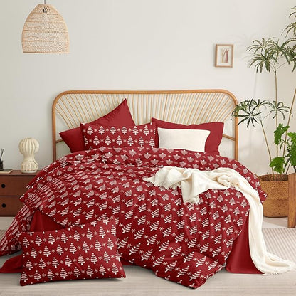 Red Christmas Duvet Cover King Xmas Bedding Set Pine Tree Snowflakes Pattern, Christmas Theme Bedding for Guest Room Bedroom Decor Soft Microfiber Comforter Cover with 2 Pillowcases