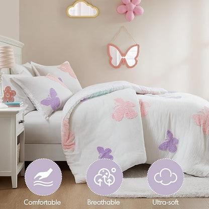Intelligent Design Kids Rio Twin Duvet Set – Girls’ Reversible Tufted Chenille Bedding with Pastel Purple Butterflies and Pink Dot, 2pcs