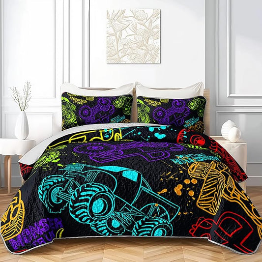 QOOMO Truck Quilt Set Twin Size,Car Bedspread Coverlet Set,Vehicle 3Pcs Bedding Set Printed Quilt with 2 Pillowcases,Soft and Lightweight,for All Seasons