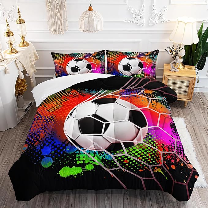 Colorful Soccer Themed Comforter 3Pcs Queen Gaming Football Net Bedding Set for Kid Teen Girl Boy Adult Ball Sports Games Graffiti Football Quilt Room Decor with 1 Comforter and 2 Pillowcases
