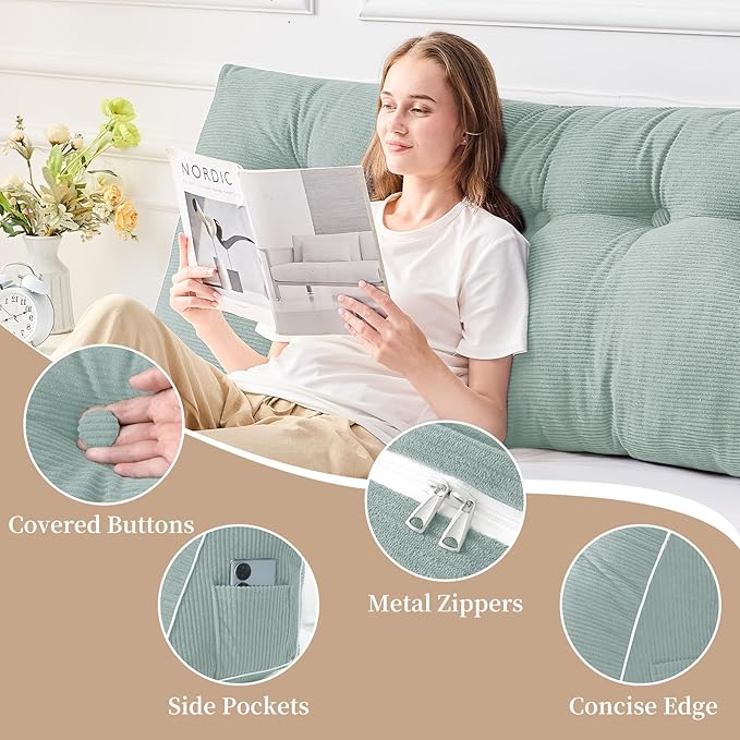 Sasttie Headboard Pillow Full, Wedge Pillow Headboard for Sitting Up in Bed, Back-Rest Support Triangular Cushion for Reading - Features Removable Washable Cover, Mint Green
