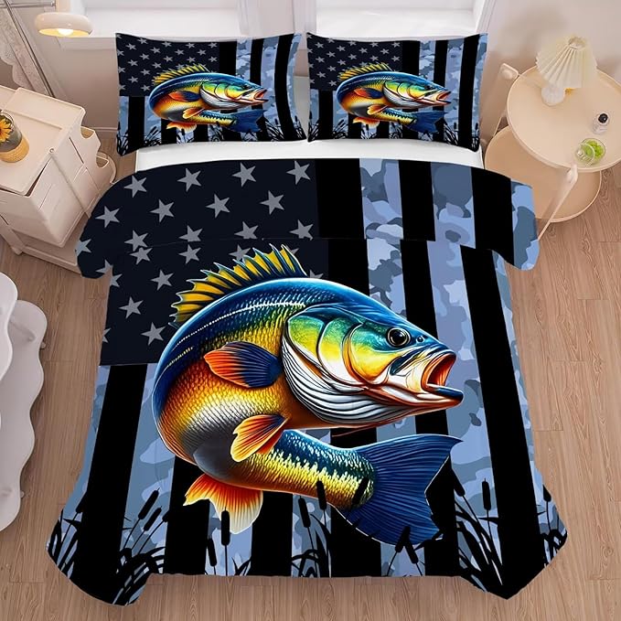 Camouflage Fisherman Comforter Set Twin Size Bedding Set for Men Boys Teens Grey Fishing Lover Bedroom Farmhouse American Flag Bed Set Wild Quilted,1 Comforter 1 Pillowcase