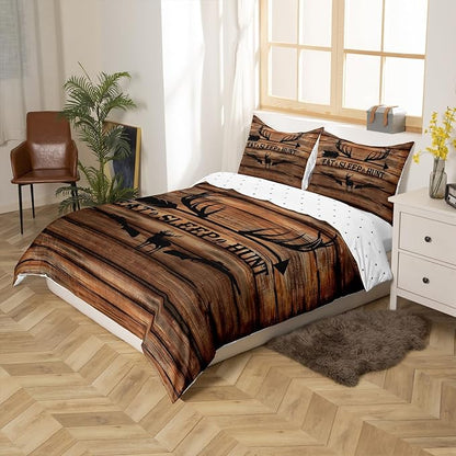 Hunting Deer Duvet Cover Set King Size,Deer Antler and Arrow Print Comforter Cover with 2 Pillowcases,Retro Brown Rustic Farm Board Modern Bedding Set for Adult Young Bedroom Xmas Gift