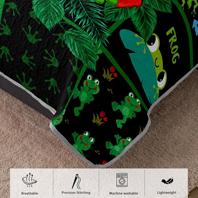 AILONEN 3-Piece Frog Green Quilt Set Queen, Flower Animal Design for Kids Boys Girls,Breathable Soft Quilt Bedspread Bed Cover for All Season, 1 Quilt and 2 Pillowcases