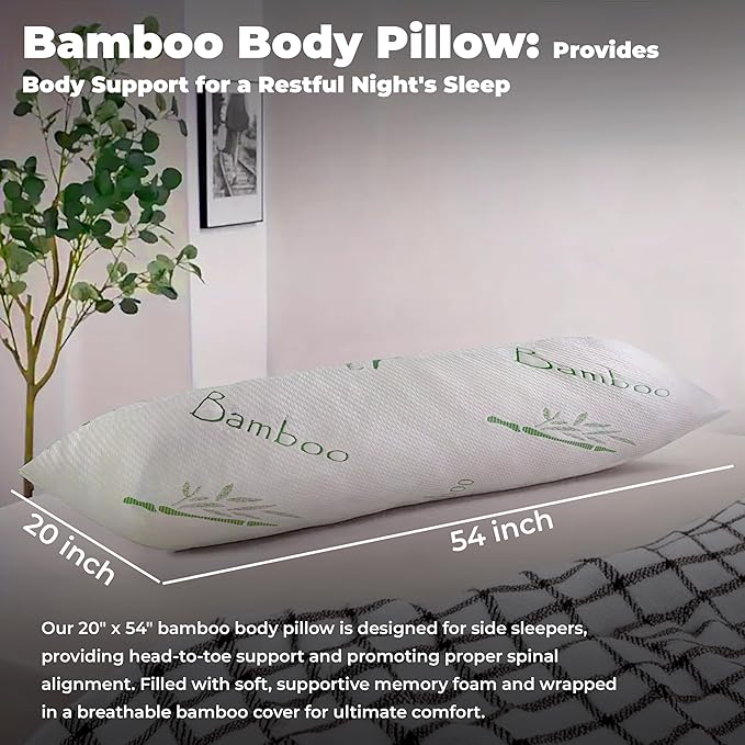 OMEO Full Rayon Bamboo Fiber Pillow Memory Foam Body Pillow for Side Sleeper, Huggable Long Body Pillow for Adults with Washable Pillowcase with Zipper, 20x54 Inch