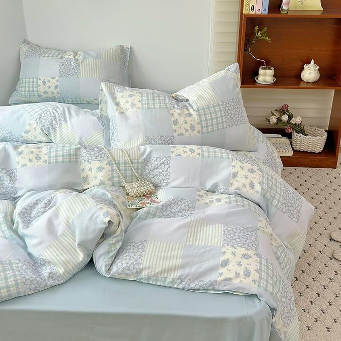 BuLuTu Luxury Muslin Cotton Duvet Cover Set Twin Size, Light Blue Striped Floral Duvet Covers Breathable Comfy Bedding Comforter Cover for Summer, Zipper Closure, Machine Wash