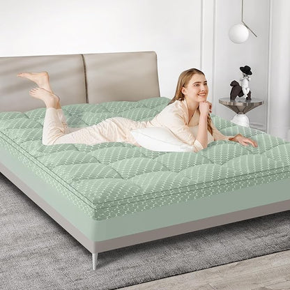 Dual Layer 3 Inch Memory Foam Mattress Topper Full Size, 2 Inch Gel Memory Foam Plus 1 Inch Cooling Pillow Top Mattress Pad Cover, with 8-21 Inch Deep Pocket, Green