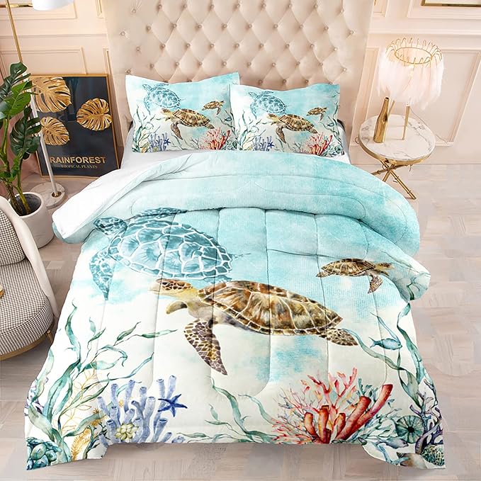 CVHOUSE Ocean Watercolor Sea Turtle Bedding Set - Kids Teens Comforter, Duvet, Quilt Set - Twin Size