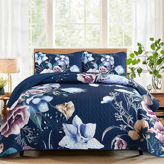 Drucon Blue Floral Quilt Set King Size 3 Pieces Blue Botanical Flower Quilt Coverlet Set Soft Microfiber Lightweight Quilted Bedspread for All Season 104"x90"
