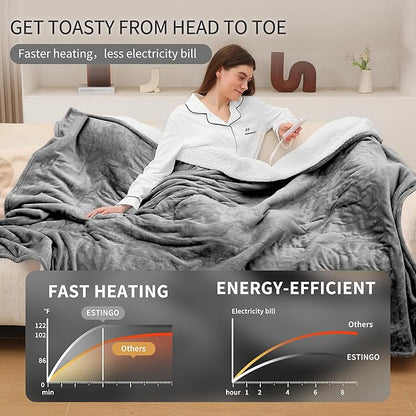 ESTINGO Electric Heated Blanket Twin Size, 62"x84" Electric Blanket with ETL & FCC Certification, Fast Electric Heating Blanket with 5 temperatures & 10 Hours Auto Off, Machine Washable, Cool Gray