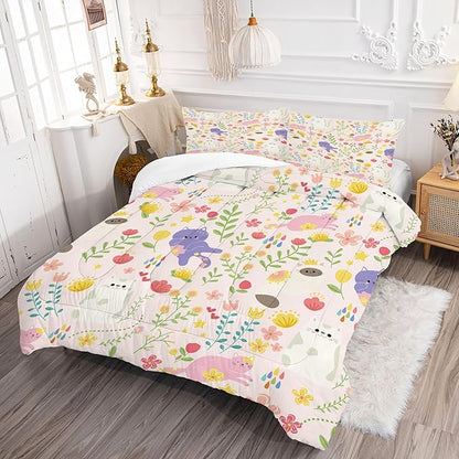 Cat Comforter Set Full: Pink Purple Floral Cats Bedding Set for Teens Girls Kids Women Cartoon Cute Kitten Flowers Quilt Bed Sets 1 Comforter & 2 Pillowcases