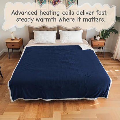 Electric Heated Blanket Queen Size 84"x90", Soft Flannel with Dual Controllers & Overheat Protection, 6 Adjustable Heat Settings & 10-Hour Auto-Off Timer, Fast Heating for Winter Comfort, Navy Blue