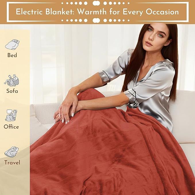 Electric Heated Blanket 84"x90" Queen Size Flannel Heated Blanket, Cozy & Warm for All Night, 5 Heat Settings & 10 Hours Auto Off, Machine Washable-Brick Red