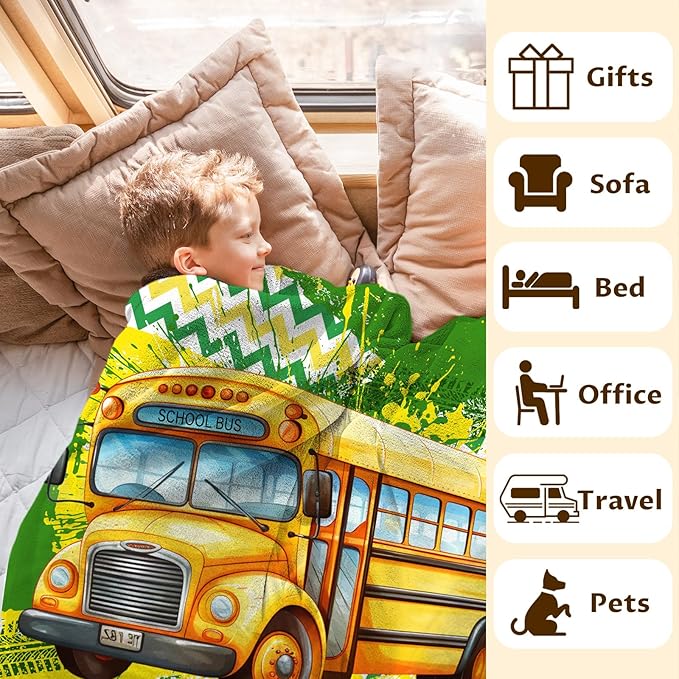 Boys Blanket Gifts Personalized School Bus Blankets for Kids Toddlers Boys - 30" x 40" Custom Name Cute Car Themed Soft Lightweight Flannel Throws for Couch, Sofa, Bed, Office, Travel
