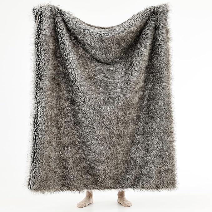 HORIMOTE HOME Luxury Plush Faux Fur Throw Blanket, Long Pile Grey with Black Tipped Blanket, Super Warm, Fuzzy, Elegant, Fluffy Decoration Blanket for Couch, Armchair, Sofa and Bed, 50''x 60''