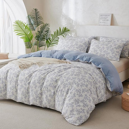 King Duvet Cover Set Floral Luxury Soft Brushed Microfiber Crinkle Gauze Fabric 3 Pieces Bedding Set Flower Pattern Duvet Cover King with Zipper Closure Breathable Comfy