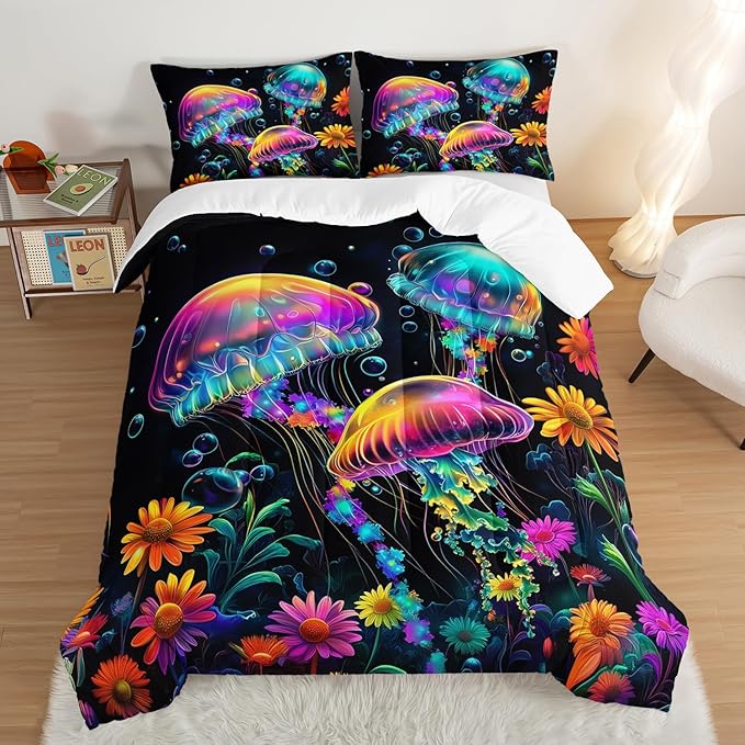 Kids Toddler Bedding Jellyfish Comforter Set,Marine Life Water Plants Bubbles Bedding Full Size Comforter Sets for Girls Boys Room Decor,Aesthetic Bedding Comforter Sets with 2 Pillowcases.
