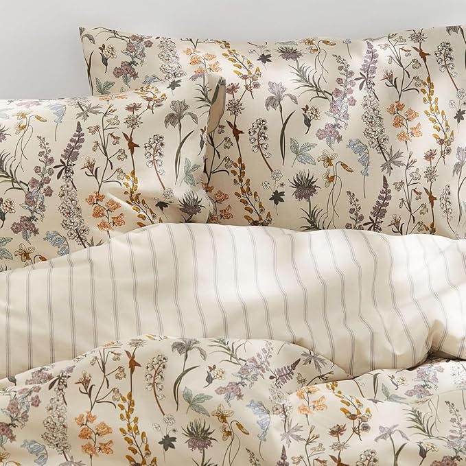 Floral Duvet Cover Beige Striped Bedding Set with Botanical 3 Pieces Kids Boys Girls Stripes Vintage Flower Pattern Reversible Soft Breathable Microfiber Duvet Cover Set with 2 Pillowcases