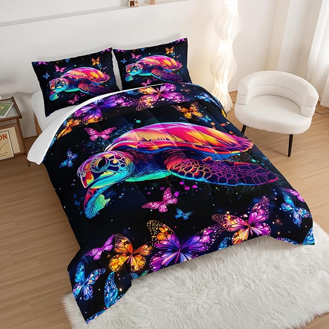 Colorful Sea Turtle Bedding - Full Size Comforter Set with 2 Pillowcases, Butterflies Print for Kids Teens Room Decor, Fantasy Sea World Beach Themed