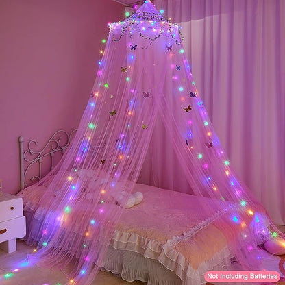 FIOBEE Bed Canopy for Girls Room Bed Canopy Curtains with Led Lights Mosquito Net DIY Princess Room Décor with Stars Butterflies for Kids Bedroom, Hot Pink