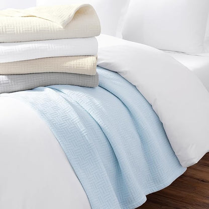 Arkwright Basket Weave Twin Blanket - 100% Ringspun Cotton All Season Blankets, Luxury Hotel Quality, Soft on Skin, Breathable, 300 GSM for Bed, Sofa, and Chair, 68 X 90 in, Blue
