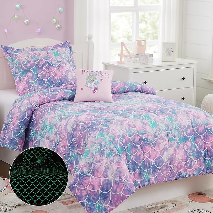 Twin Comforter Set for Girls- 3 Pieces Glow in The Dark Mermaid Twin XL Bedding Set with 1 Comforter, 1 Decor Pillow & 1 Pillow Shams