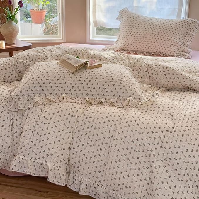 BuLuTu Floral Ruffled Duvet Cover Full for Kids Teens Girls, Cottagecore Comforter Cover with Pillow Cases, Soft Breathable Muslin Cotton Quilt Cover, Zipper Closure and 4 Corner Ties