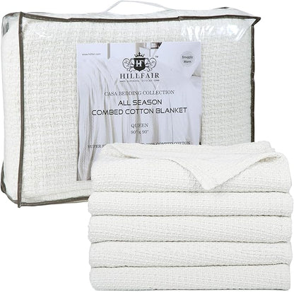 HILLFAIR 100% Cotton Blanket- 120" x 120" XXL Oversized King Bed Blankets - Family Size 10 ft x 10 ft Big - All Season Soft Cozy Breathable Blankets for Bed - Extra Large King Cotton Blanket- Ivory