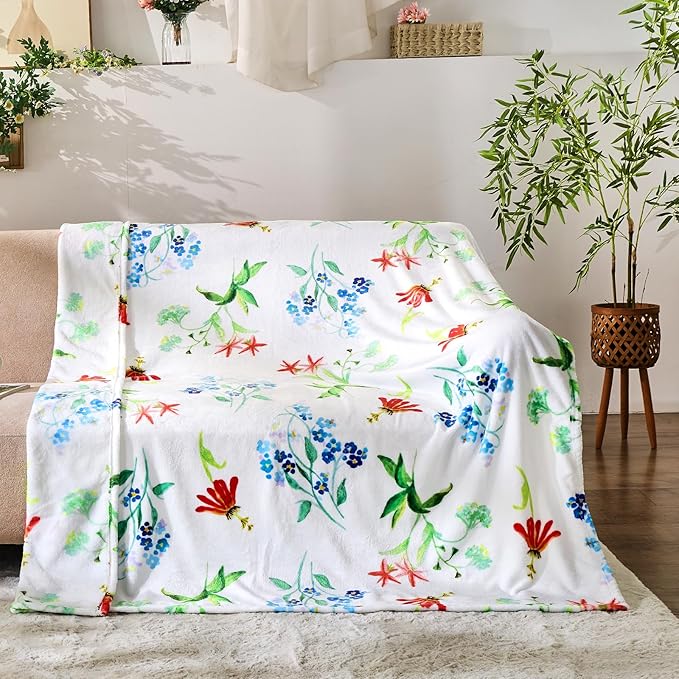 Floral Throw Blanket Birthday Gift for Women Mom Girls Flowers Blanket Summer Wildflower Flannel Blanket Watercolor Printed Throw for Couch Sofa Bed Chair 50"x60"