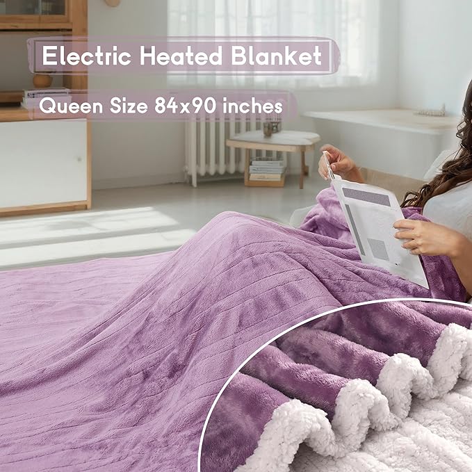 Heated Electric Blanket Queen Size 84''x90'', Dual Controller Soft Flannel with 6 Heat Settings 1-10 Hour Auto Off Large Blanket for Bed - Purple